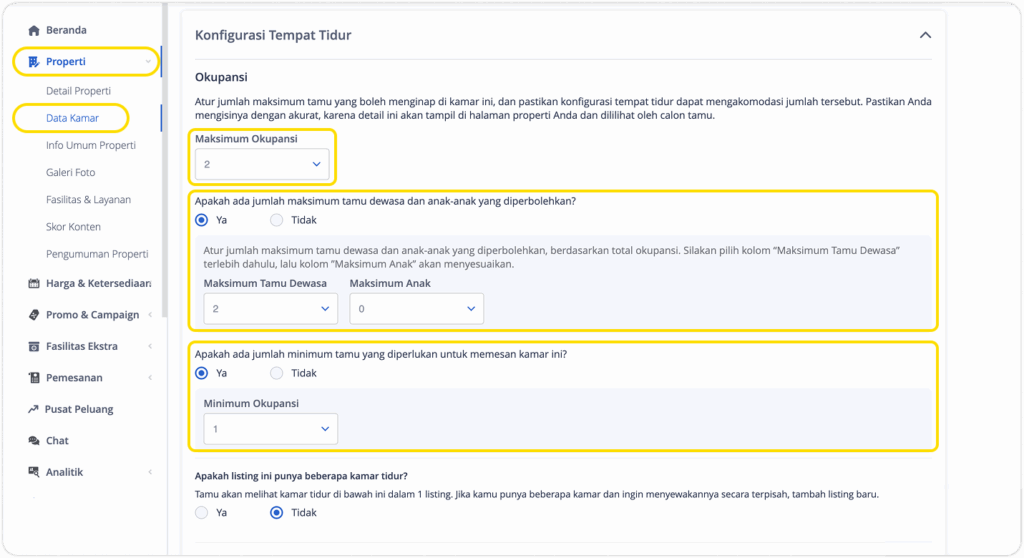 tampilan pengaturan okupansi kamar dalam data kamar di Extranet tiket.com