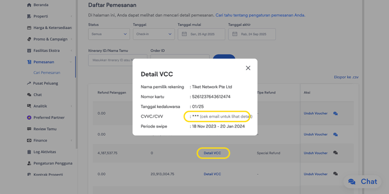 tampilan Detail VCC di  menu Pemesanan di Extranet dimana selanjutnya akan dikirimkan kode CVV via email